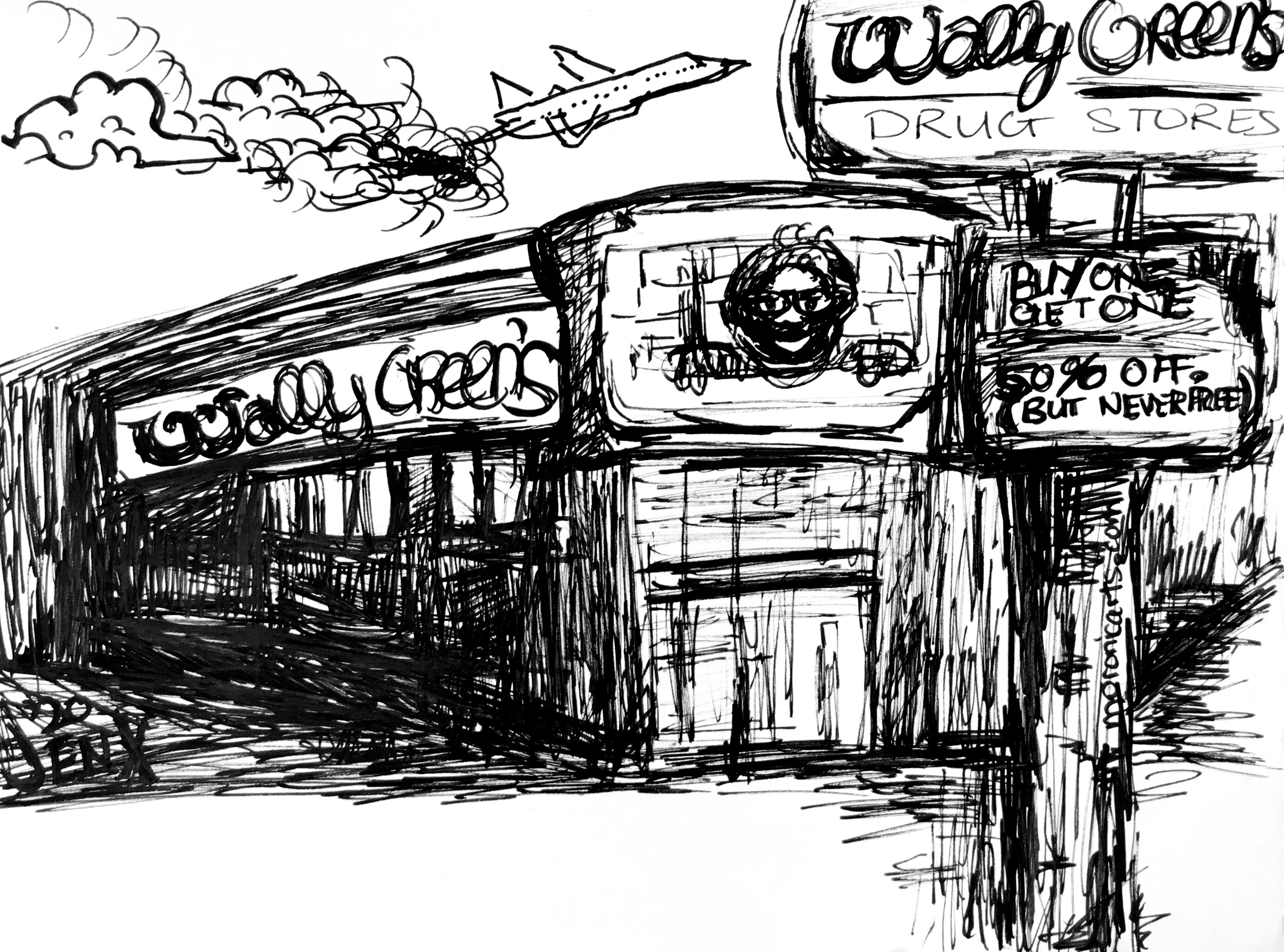 Black-and-white cartoon drawing of a drugstore,