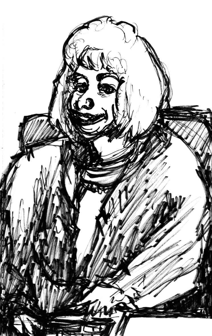 This is a black-and-white cartoon of a heavy-set blonde woman sitting in an office.