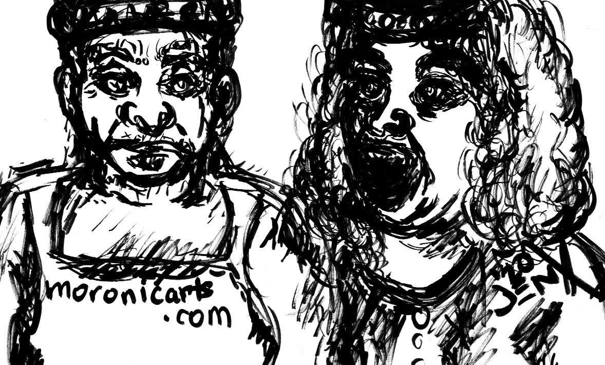 A black-and-white horror cartoon of a stoic, middle-aged man, contrasted with a wide-mouthed middle aged woman screaming, both wearing crowns.