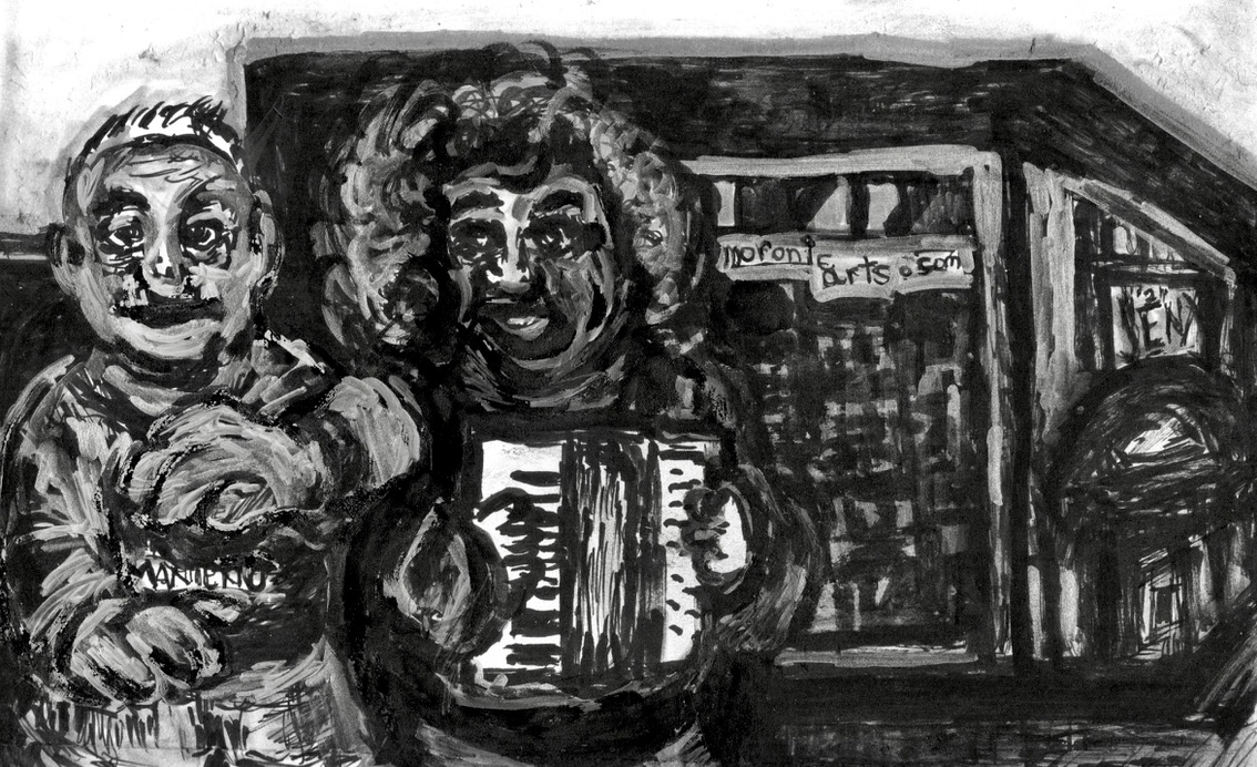 An old man raps while his middle-aged wife plays accordion outside a building in Manteno, Illinois.