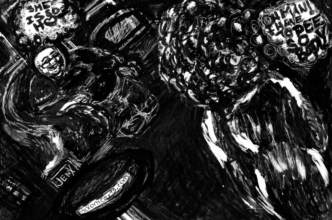 A creepy, heavyset, older gentleman stares at a shapely young woman walking by him in a coffeehouse.