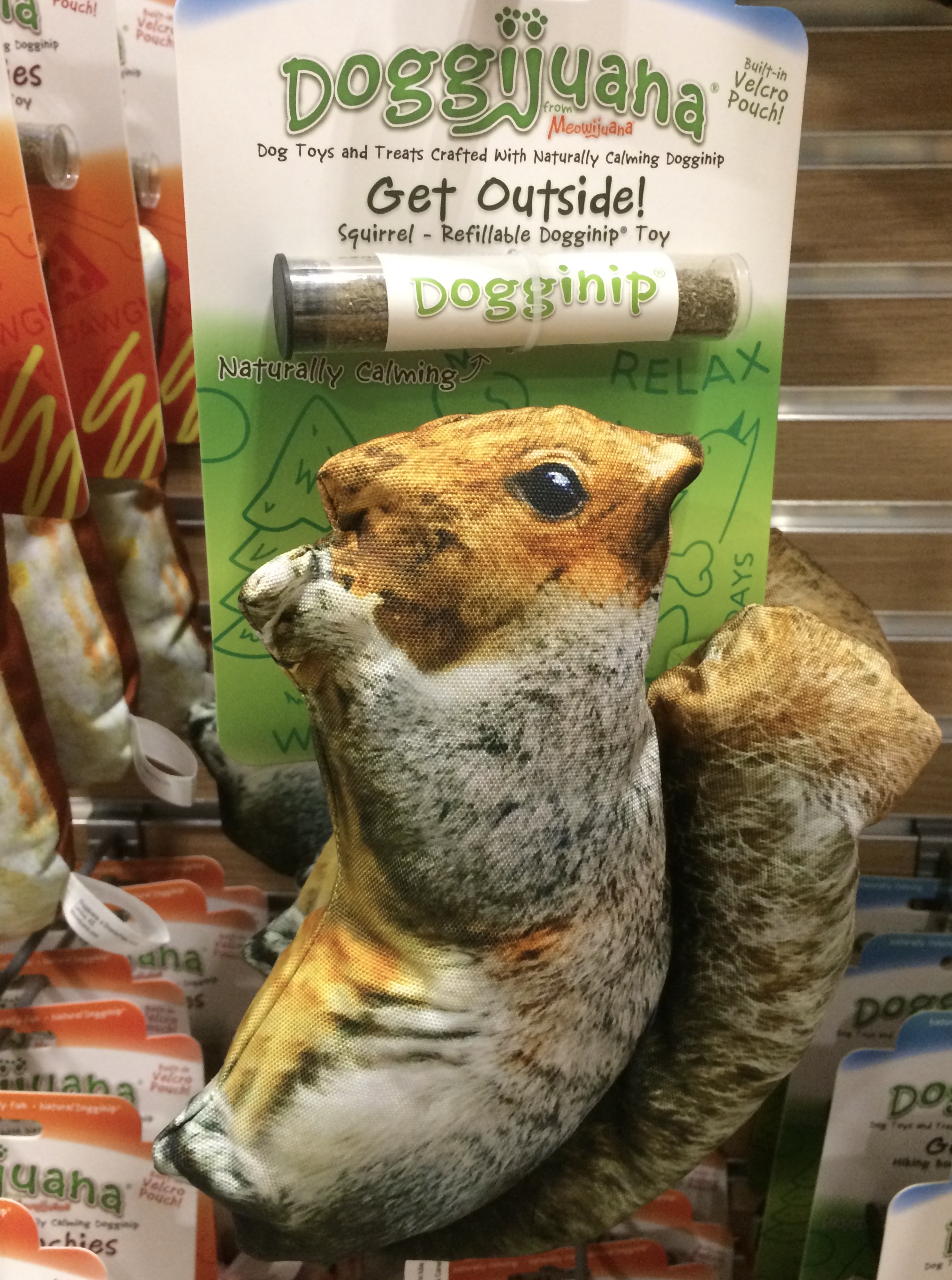 A colour photograph of a squirrel-shaped dog toy. Text reads: "Dog toys and treats crafted with naturally calming doggnip".