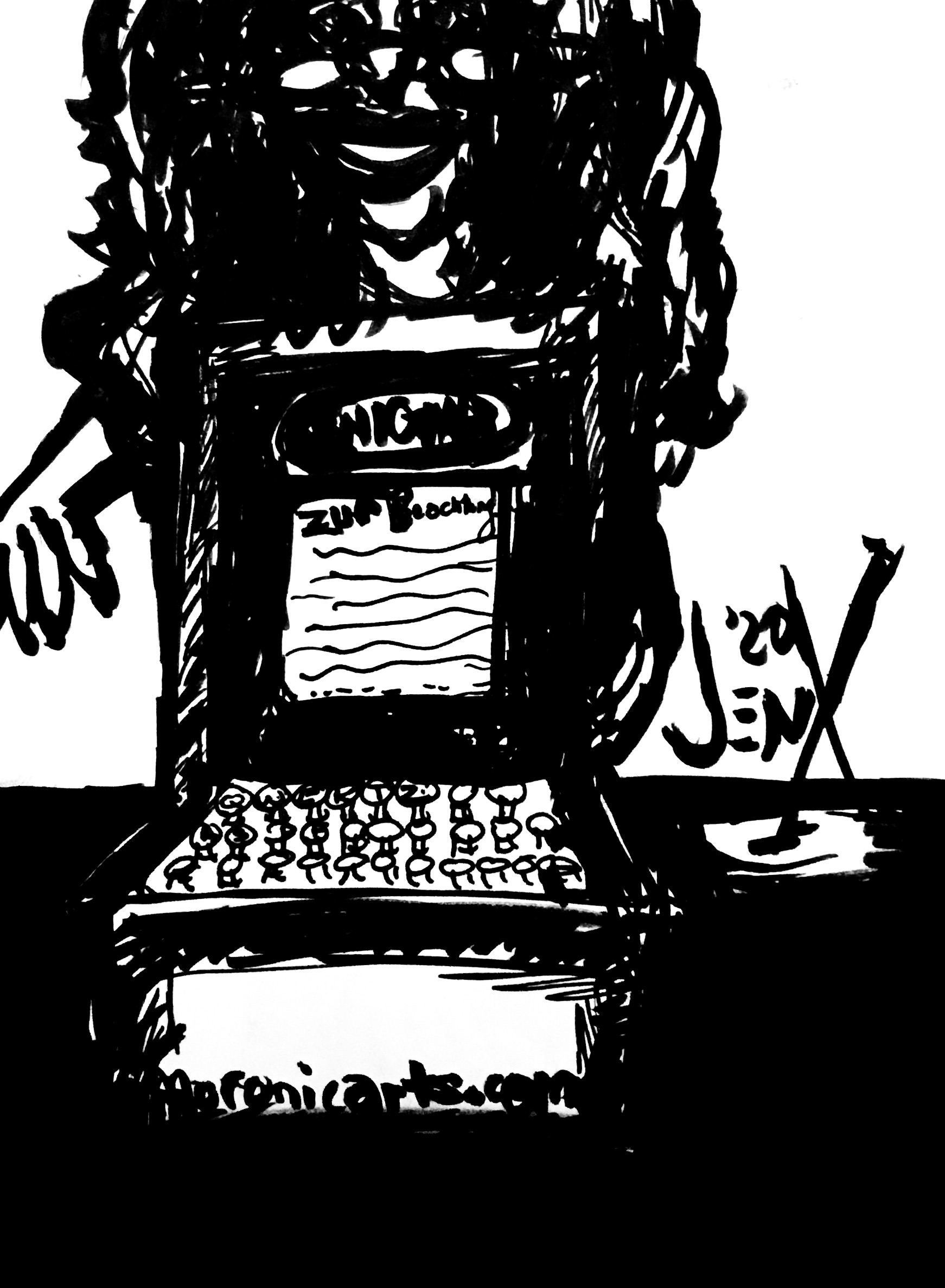 A black-and-white carton of a skinny blonde woman gesturing behind an Enigma Machine setting on a table.