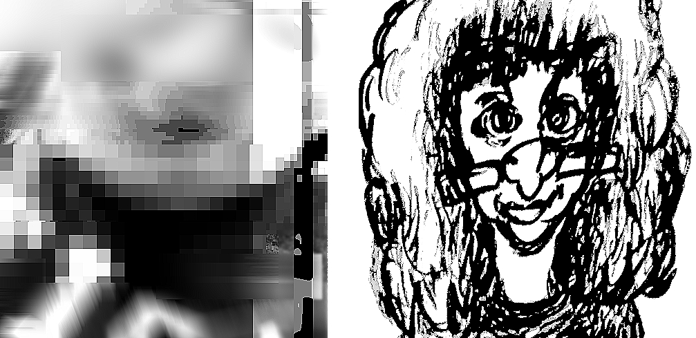 A black-and-white image of two people on a video conference.