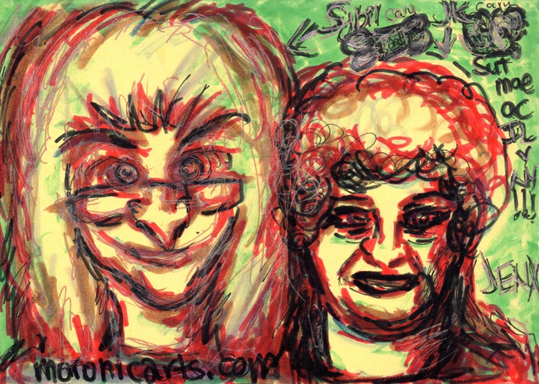 A colour drawing of a middle aged, blonde woman wearing glasses next to an elderly lady with short, curly hair.
Text: Sut mae ac IL
(Translation: how are you, from Illinois)