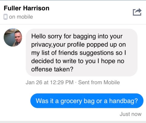 a screenshot of a facebook instant message from a stranger.