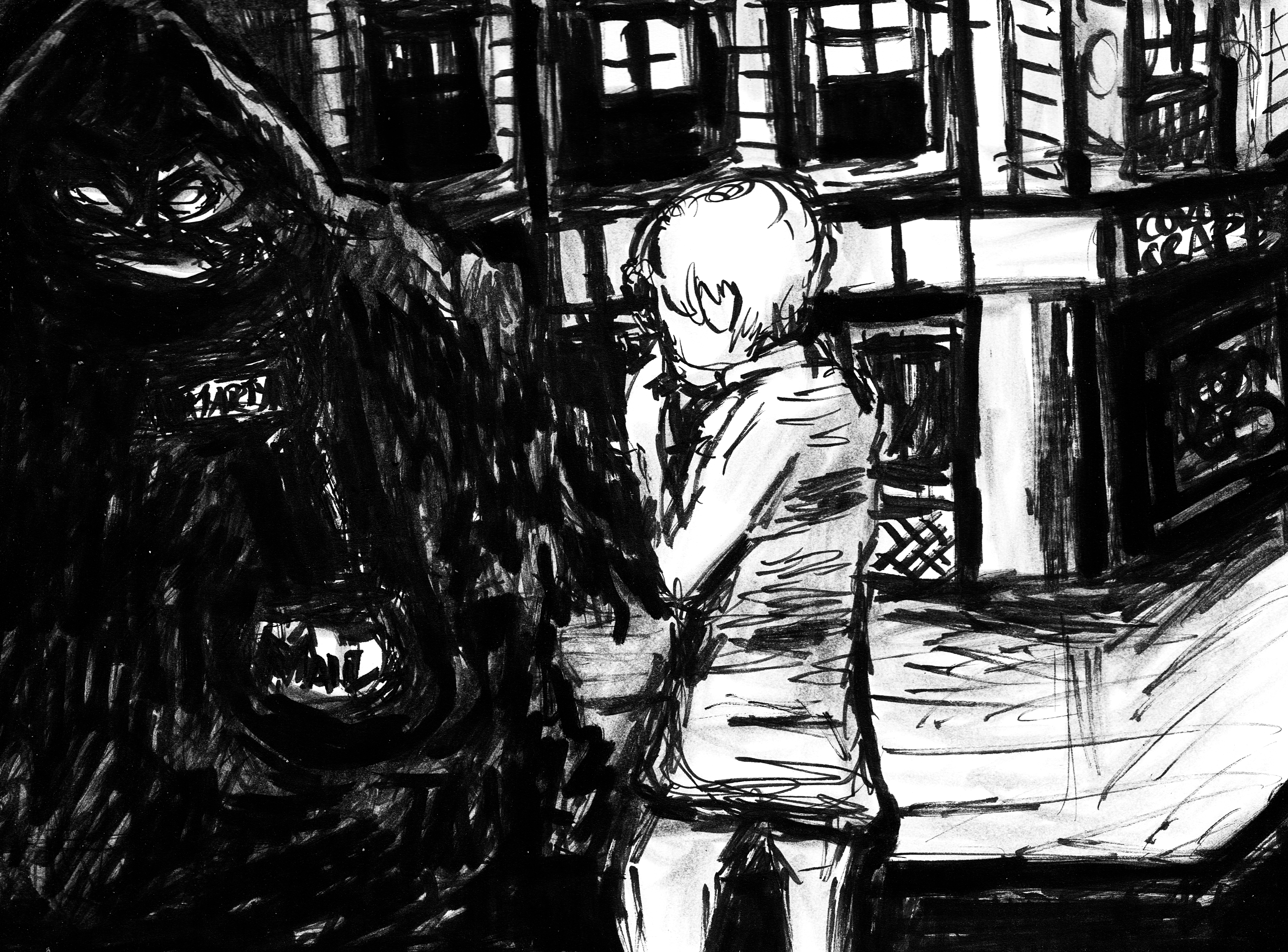 A black-and-white drawing of a skinny blonde lady photographing a daemon at the mall.