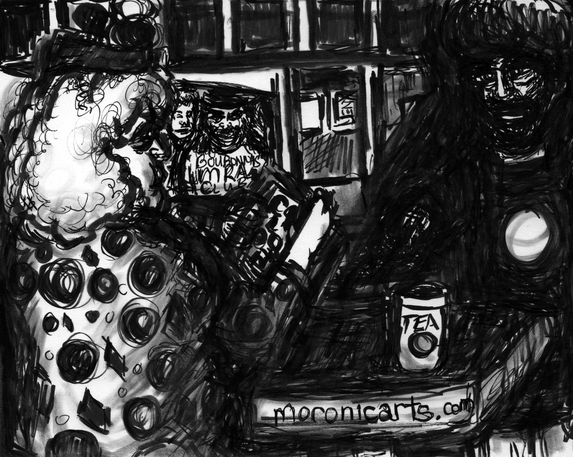 Black-and-white cartoon featuring a large, white, female clown at a cafe getting thrown out by a Latinx barista,