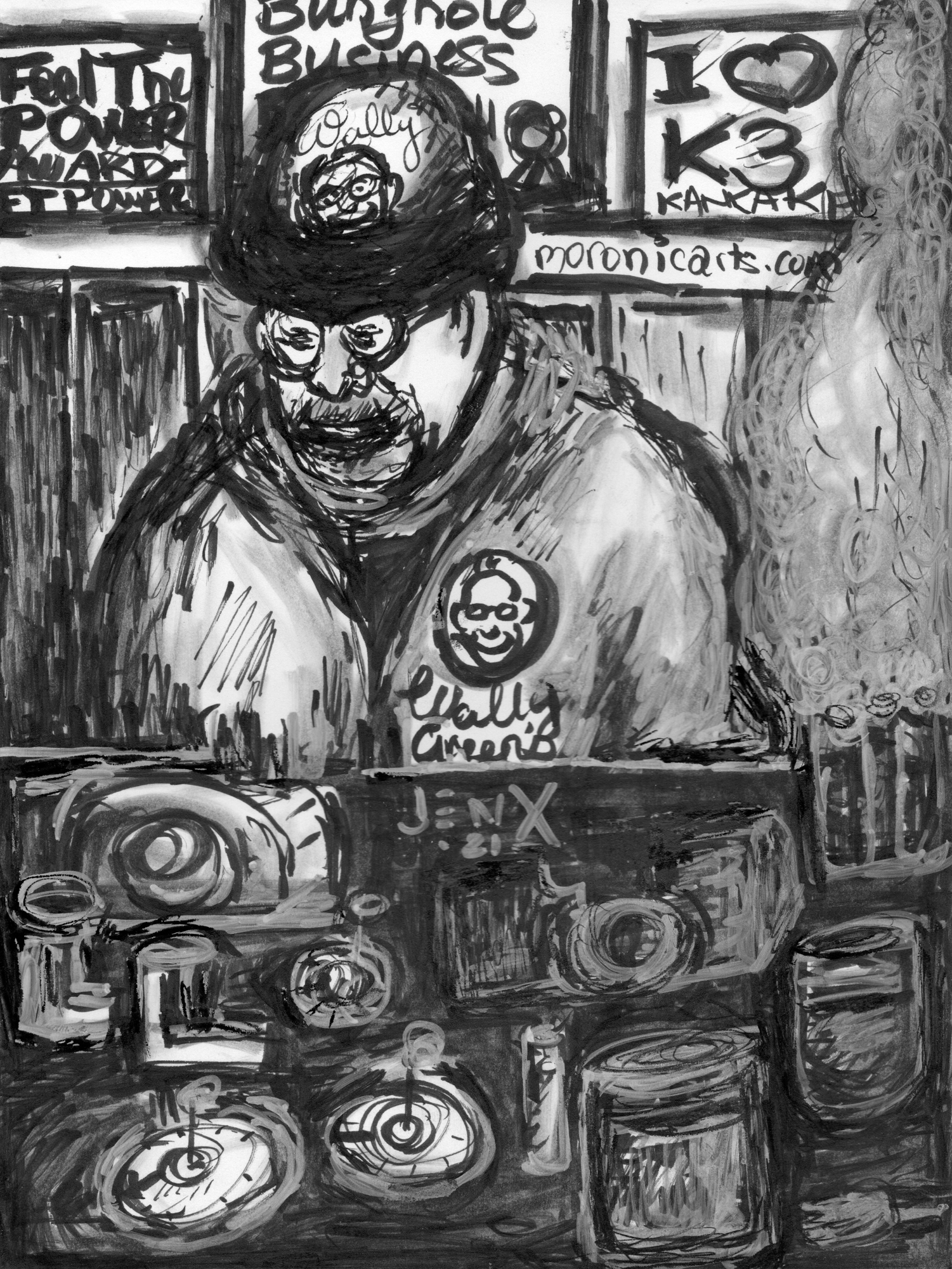 A black-and-white cartoon of an elderly man sitting at a table covered in mechanical parts, test tubes and a drink. 

Framed pictures can be seen in the background containing text: "Feel The Power Award. FT Power; Bunghole Business; I love Kankakee."
