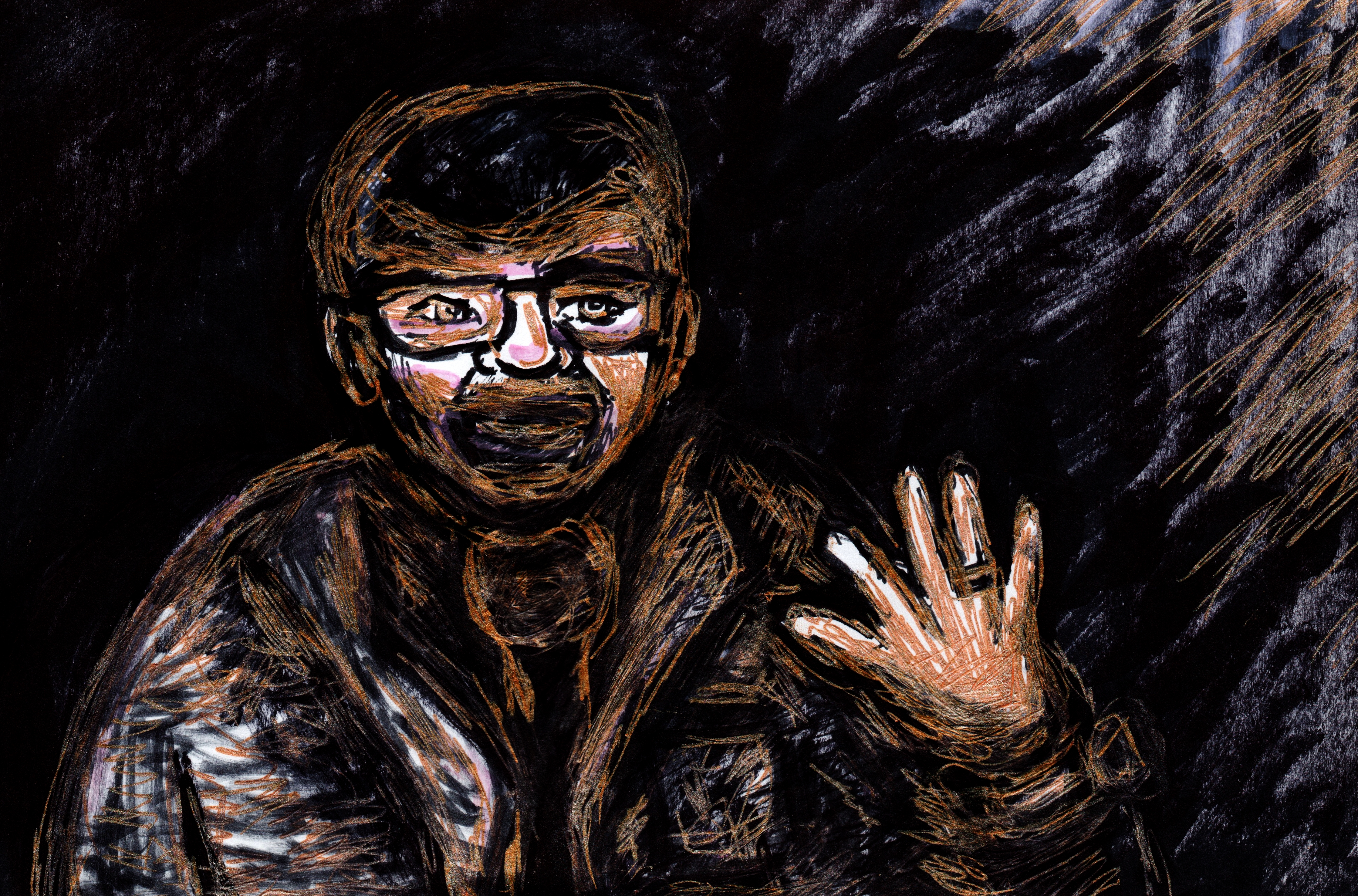 Dimly-lit cartoon of a dark-haired man in his late 50s, wearing a bathrobe and glasses, waving.