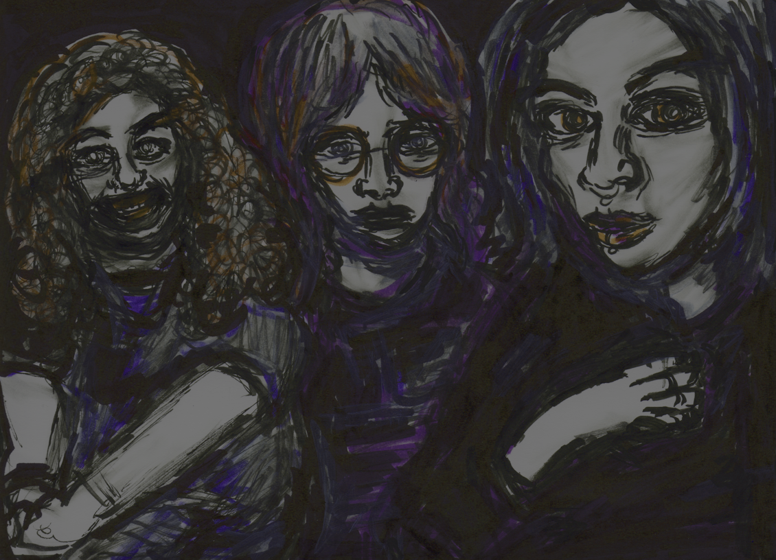 Image: dimly lit cartoon group of three students sitting down