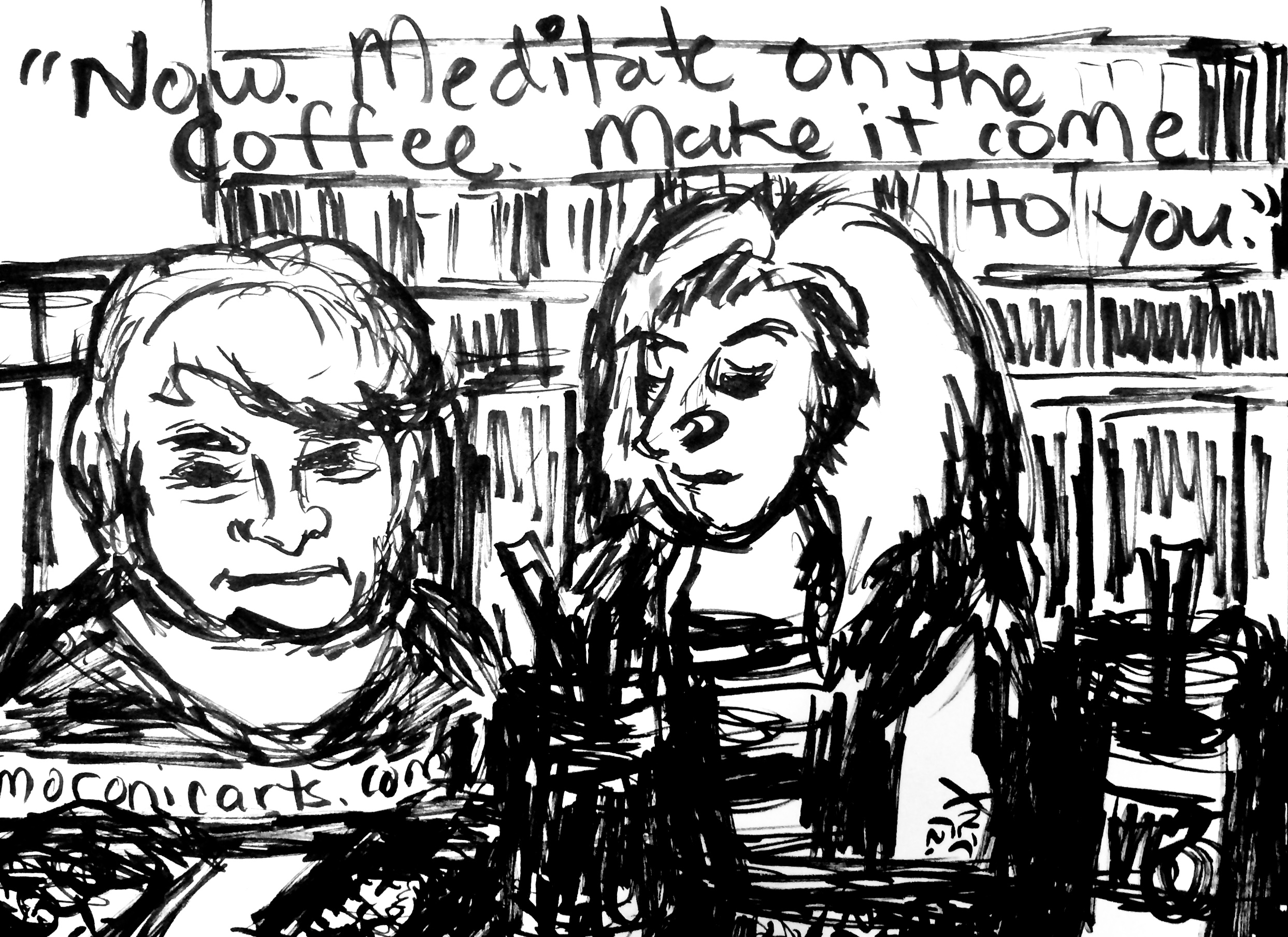 Image: black-and-white cartoon showing an older lady sitting next to a middle-aged blond woman relaxing at a bookstore-cafe.