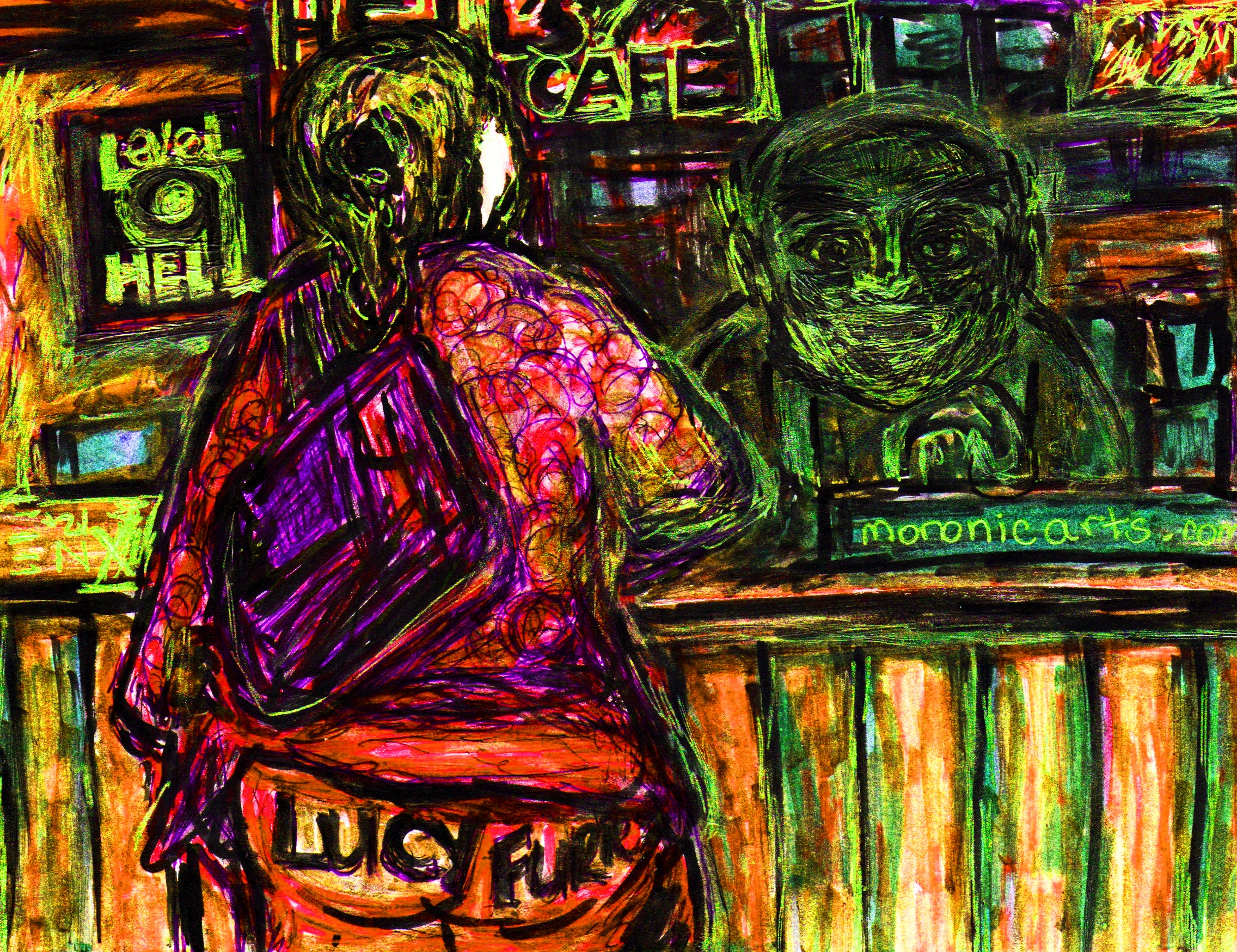 Image: Full color cartoon of a coffeehouse. A large woman wearing a pink outfit can be seen in the foreground, and a green ogre behind the coffee bar.
text reads "Level 9 Hell. Hell's Cafe."