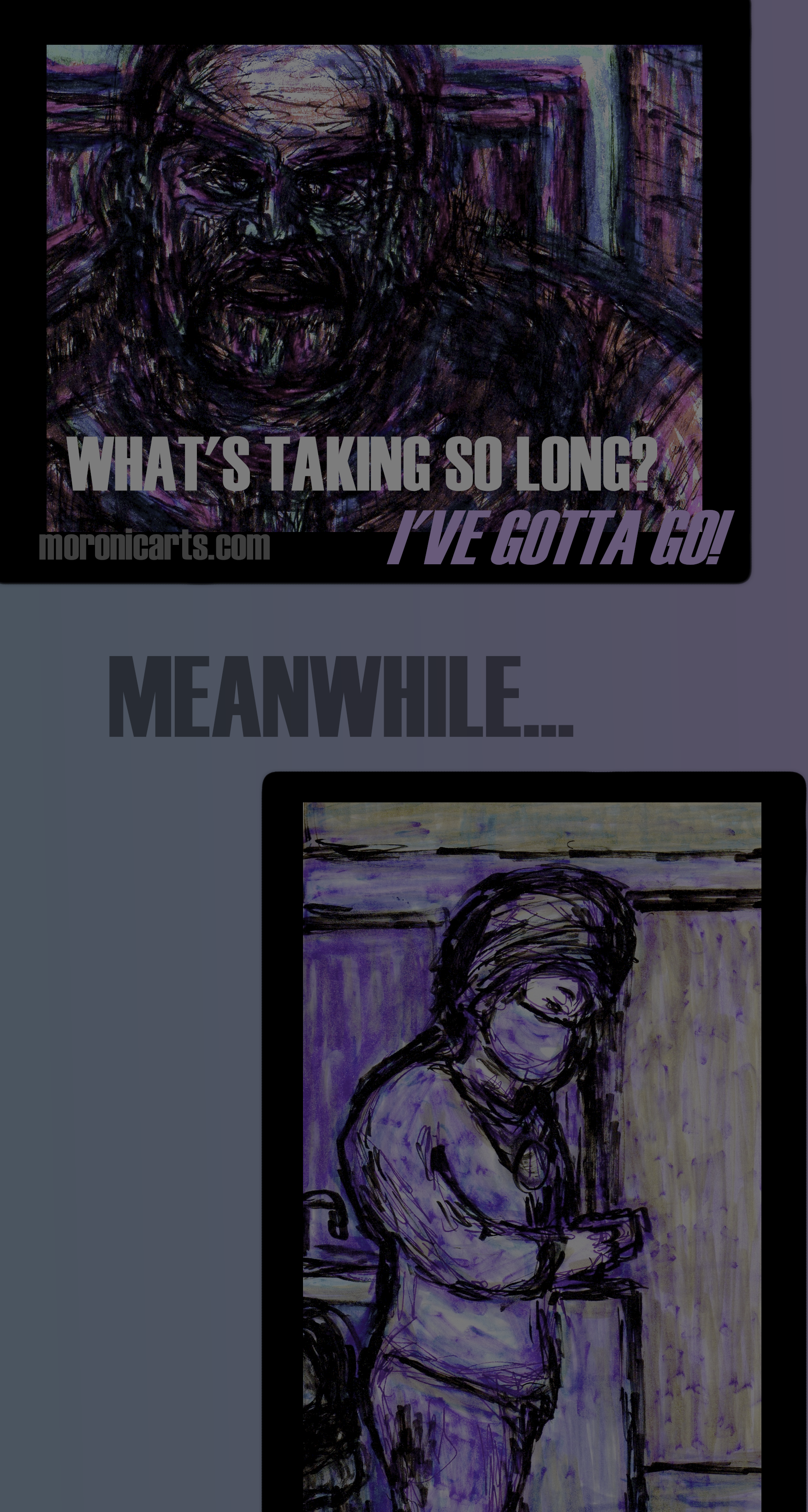 Image: a full colour comic page. First panel features an angry Thanos closeup. Second panel features a skinny young male texting in the bathroom.