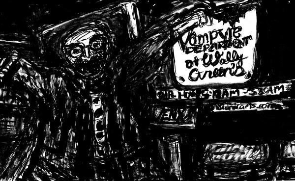 Image: a black-and-white cartoon of a middle aged man wearing a vampire costume in a drugstore. 
Text reads: "Vampyre Department at Wally Green's."