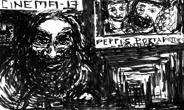 Image: a black-and-white cartoon of a neckbeard behind a cinema counter.
Text: "Cinema-13" and "Peppi's Portapotties."
