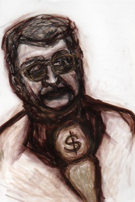 Image: a monotone cartoon of a man with dark hair, glasses, wearing a suit. A dollar sign can be seen on his tie.