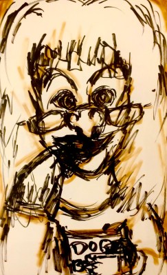 image: yellow, black and white cartoon of a blonde woman wearing glasses, eating dog food.
