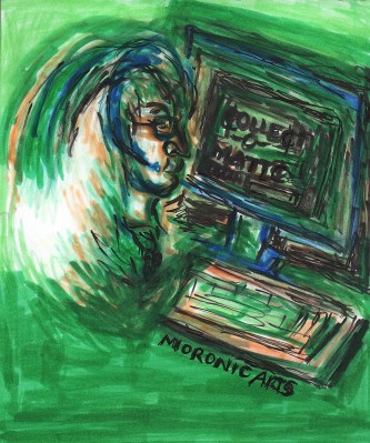 image: green cartoon of a blonde woman wearing a headset, working on a computer