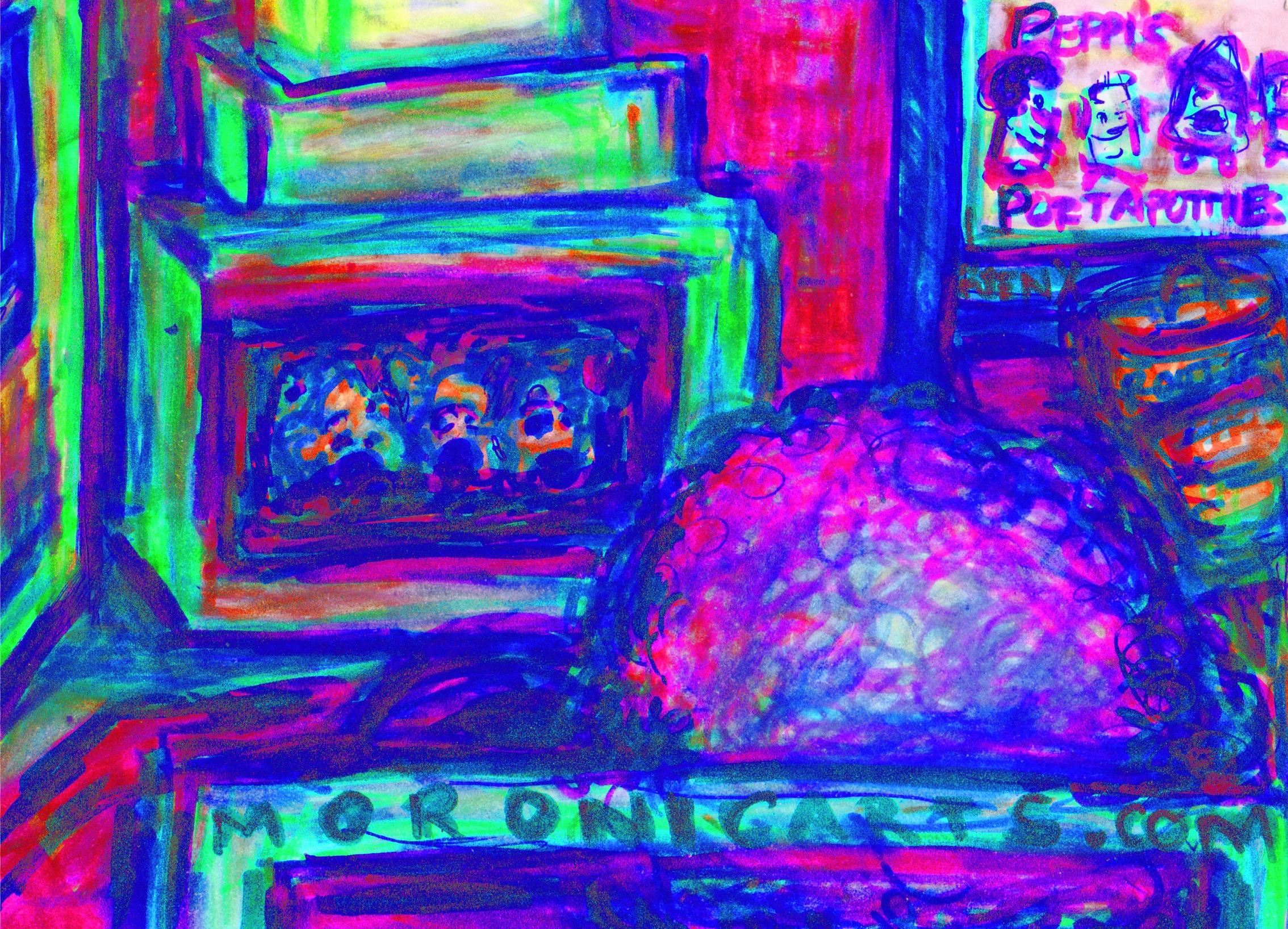 image: color cartoon depicting cartoon poop emojis burning in the fireplace