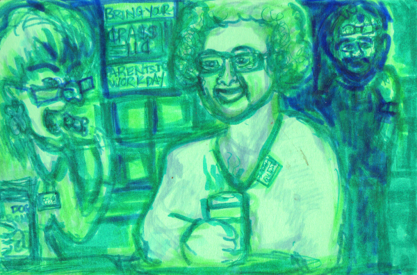 Image: green cartoon with two women eating lunch in the foreground, a man in the background looking confused.

text on the wall reads: "Bring Your Parents to Work Day."