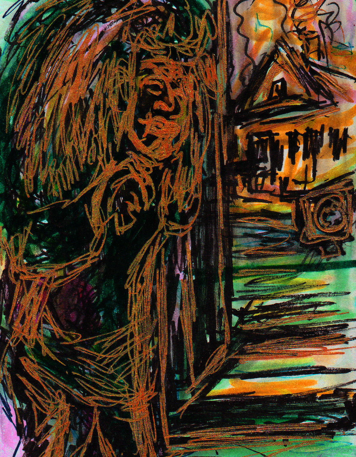 Image: a full-colour cartoon of a black lady with big hair holding her head in her hand the foreground, looking out the window at a house with a smelly bonfire.