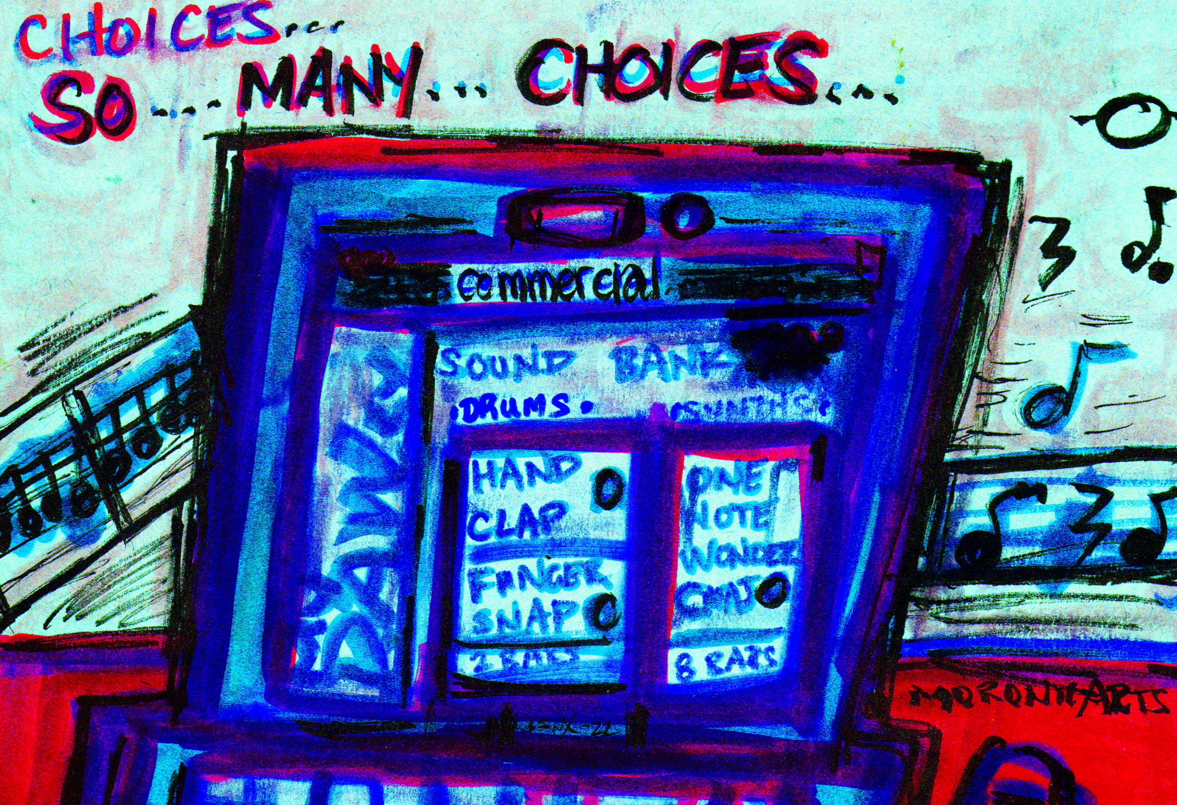 Text: So many choices. Image: a laptop computer displaying a music production app with only two choices for drum loops, and only one for melody.