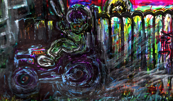 image: full-colour cartoon of a purple-haired woman riding a purple lawn-tractor, holding up a pair of shears. A blond woman peeks over the wooden fence.