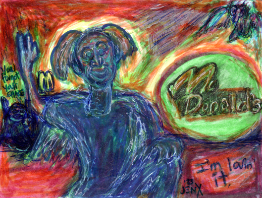 image: cartoon of humanoid vulture wearing pigtails, waving in the foreground. In the background, another humanoid vulture can be seen flying down toward the character in the foreground. Golden Arches and the McDonaldland character Grimace are also seen in the background running from it.

Text: "McDonalds, I'm lovin' it." 