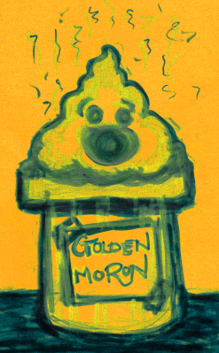 Image: cartoon of an award statuette with a poop emoji on top. Text: "Golden Moron"